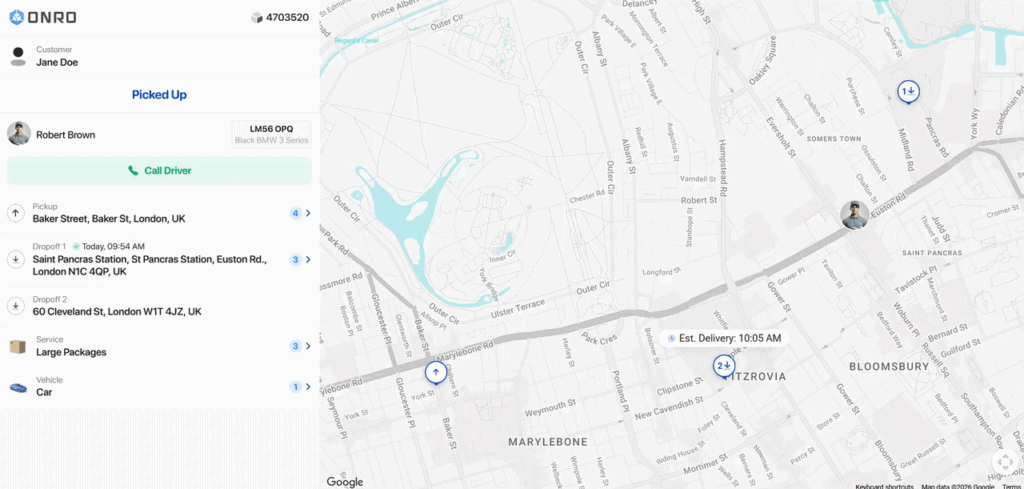 Redesigned Onro track page showing pickup, dropoff, service, and vehicle details on one screen